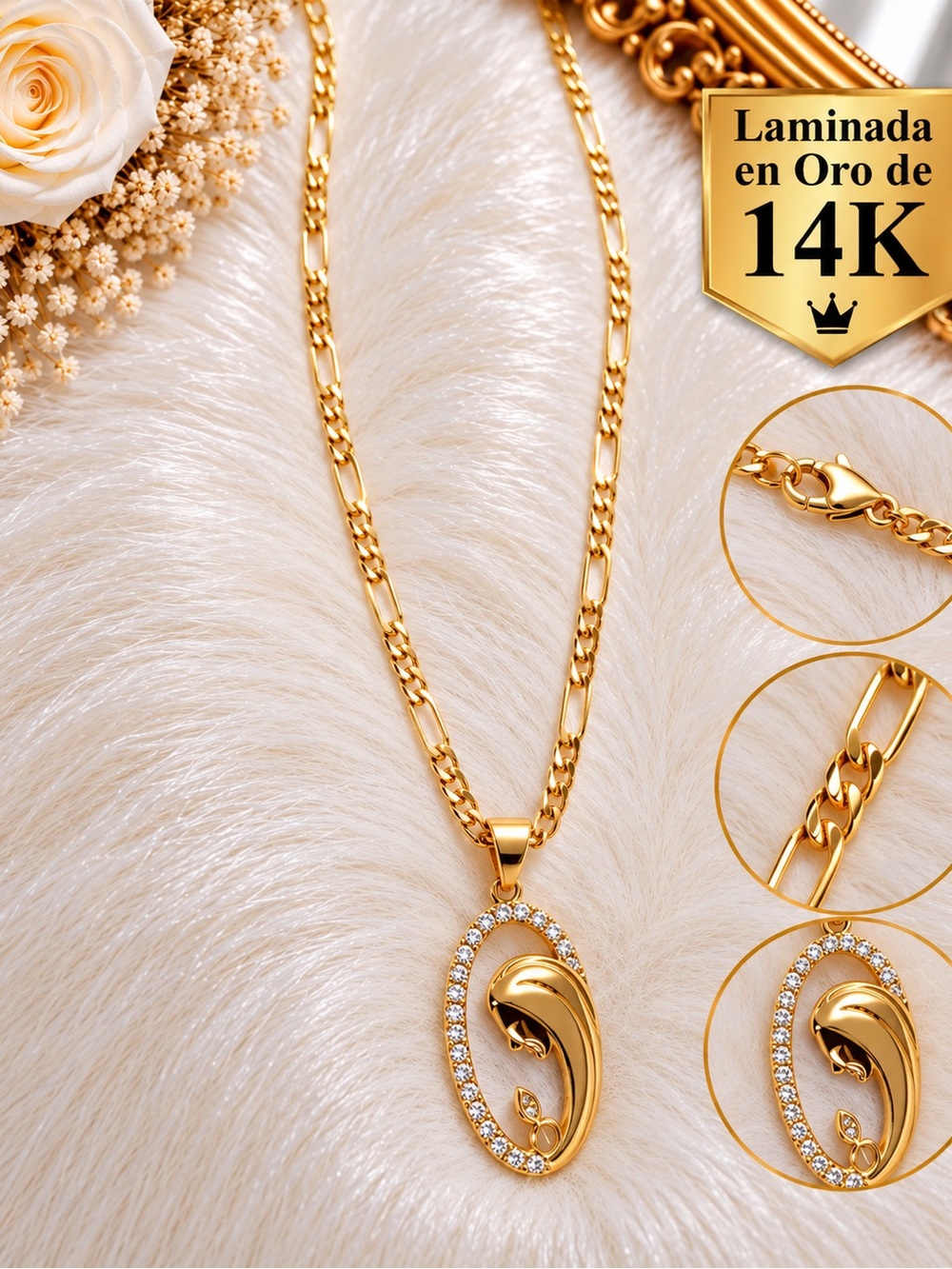 14K Gold-Plated Oval Pendant Necklace with Crystal Halo - Gold